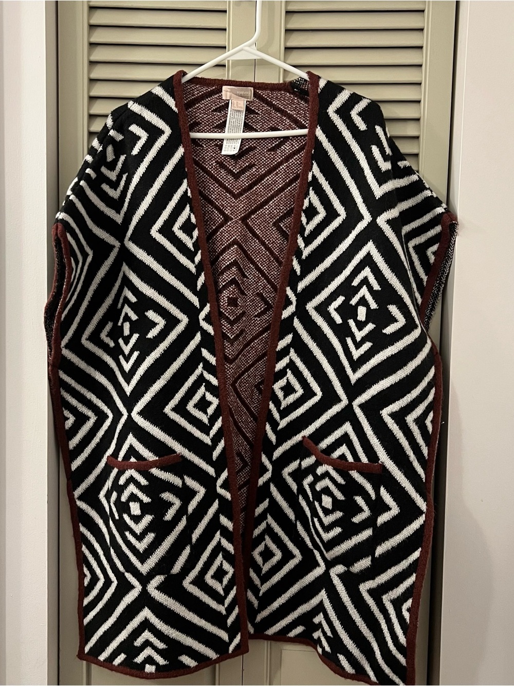 Forever 21 Black & White Geometric Open-Front Cardigan with Brown Trim